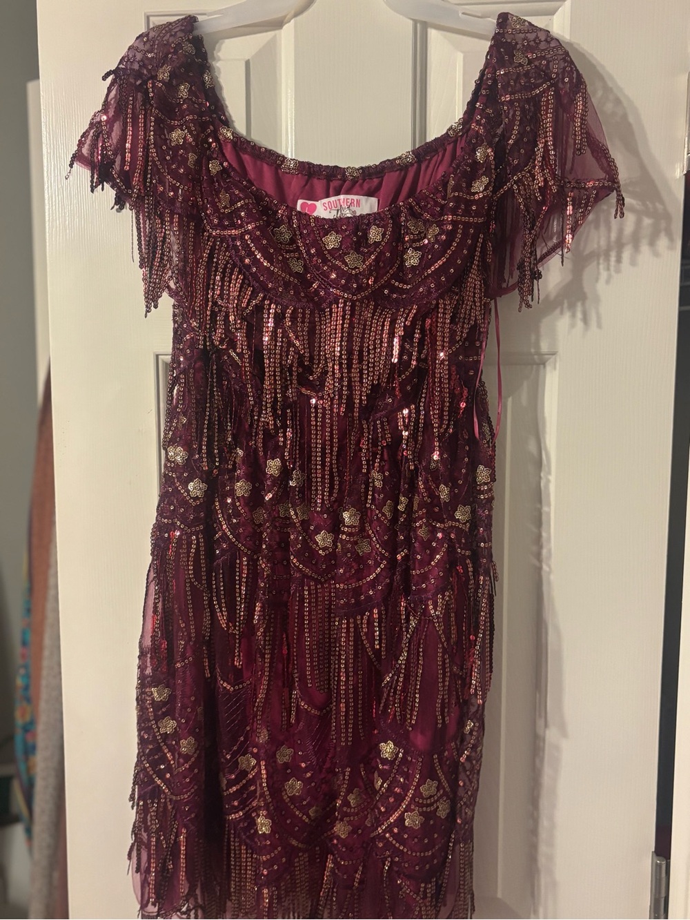 Sequined Fringe Mini Dress in Burgundy/purple